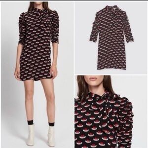 Sandro Mareva Love Tattoo Heart Bow Print Silk Ruched Sleeve Dress - Size 1